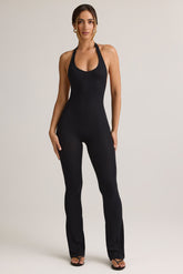 Modal Ribbed Backless Halterneck Jumpsuit in Black
